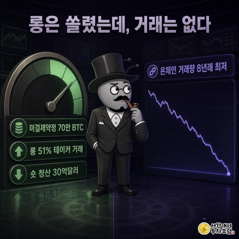 개미가 왼쪽의 롱 포지션 51% 게이지와 오른쪽의 8년래 최저로 가라앉은 온체인 거래량 그래프 사이에 서서 의심스러운 표정으로 양쪽을 번갈아본다