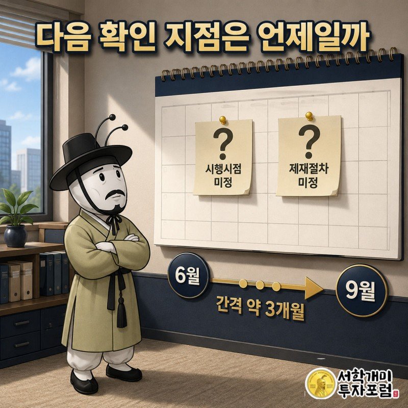 달력 앞에서 시행 시점과 제재 절차가 미정임을 나타내는 물음표 팻말을 바라보는 개미 캐릭터