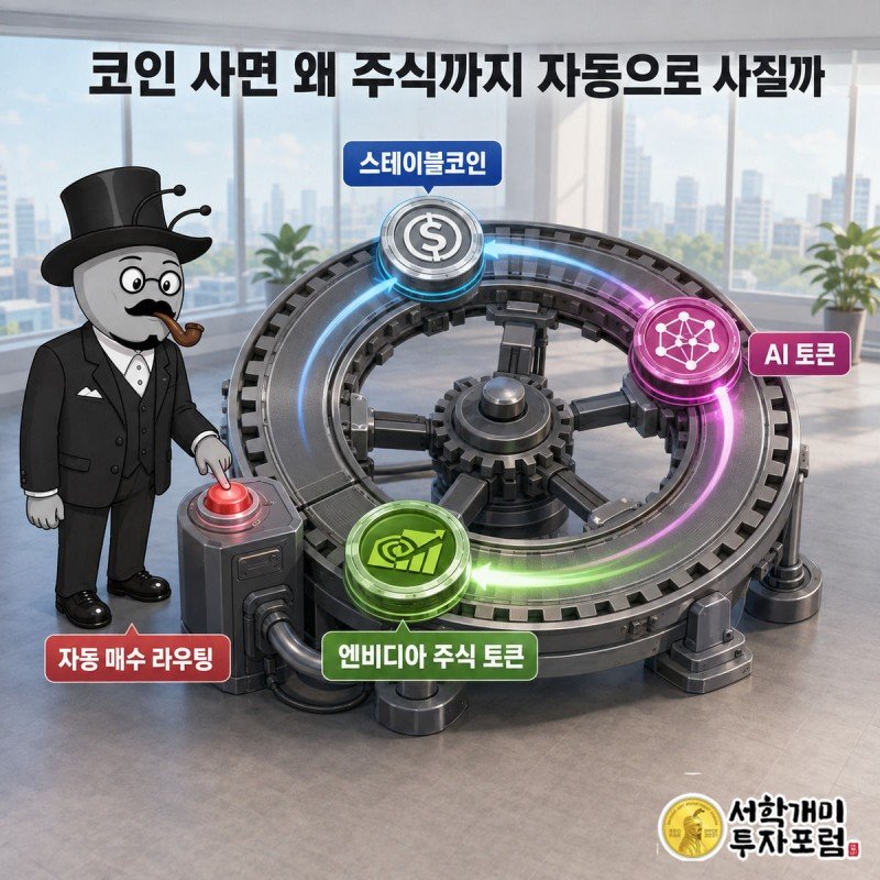원형 컨베이어벨트 위에서 스테이블코인, AI 토큰, 엔비디아 주식 토큰이 순서대로 자동 순환하는 것을 개미가 버튼으로 작동시키는 그림