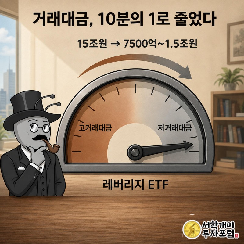 단일종목 레버리지 ETF 일평균 거래대금이 15조원에서 10분의 1~20분의 1 수준으로 급감한 것을 게이지로 보여주는 그림