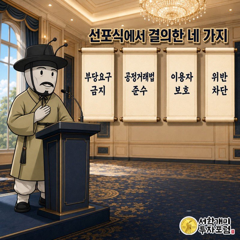 단상 위 개미 캐릭터가 서약 자세를 취하고 뒤에 4개 지침 두루마리가 떠 있는 장면