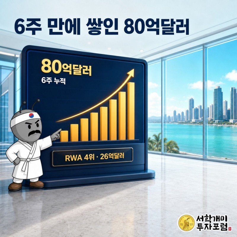 부자개미가 파나마 거래 단말기의 누적 거래대금 그래프와 온도의 RWA 순위표를 손가락으로 짚어 보이는 장면