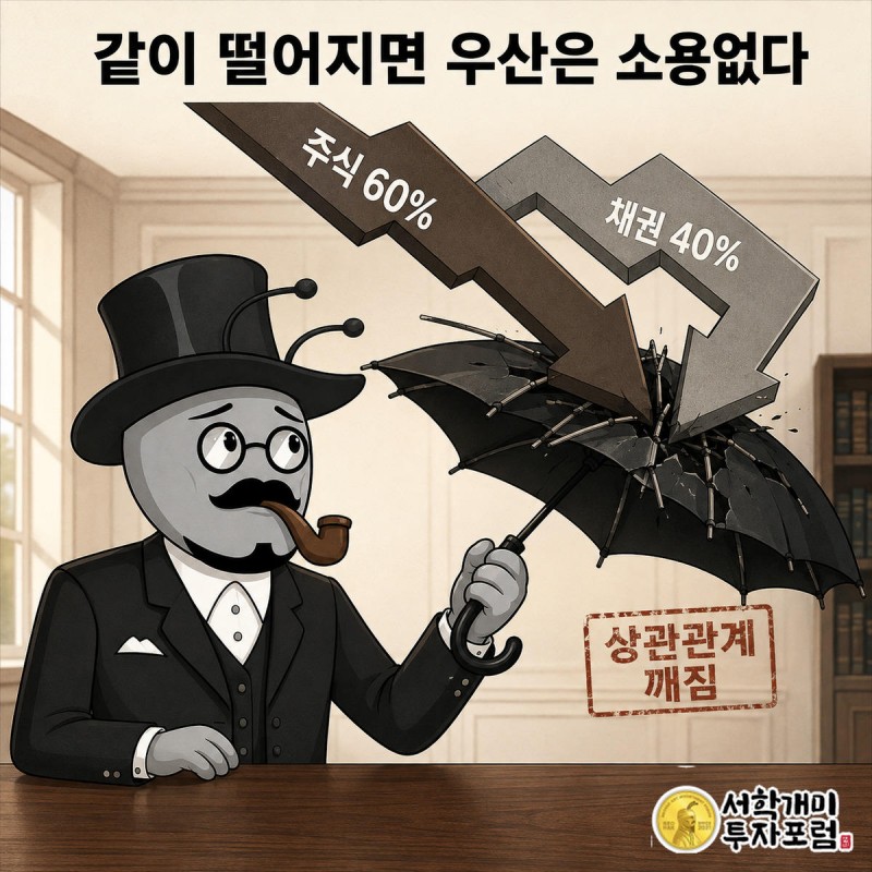 주식과 채권이 반대가 아니라 같은 방향으로 떨어지면서 분산투자 우산이 부러지는 모습으로 6대4 배분의 한계를 표현한 그림