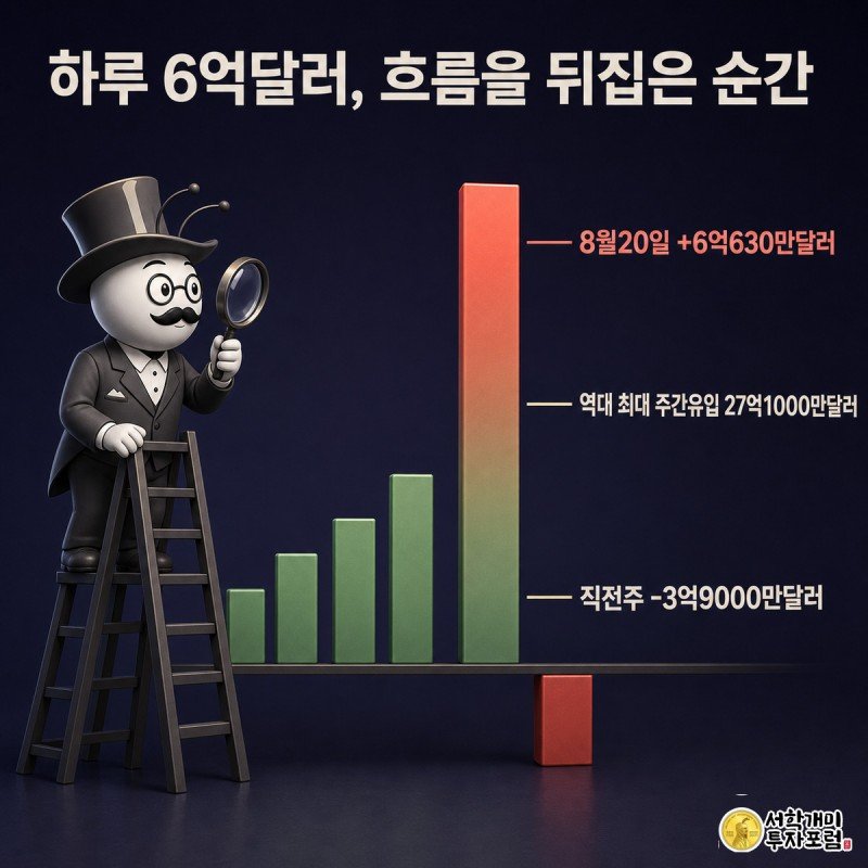 요일별 순유입 막대그래프에서 8월20일 막대가 가장 높이 솟은 것을 사다리 위 개미가 확대경으로 가리키며 웃는 모습, 옆에는 직전주 순유출을 나타내는 붉은 막대