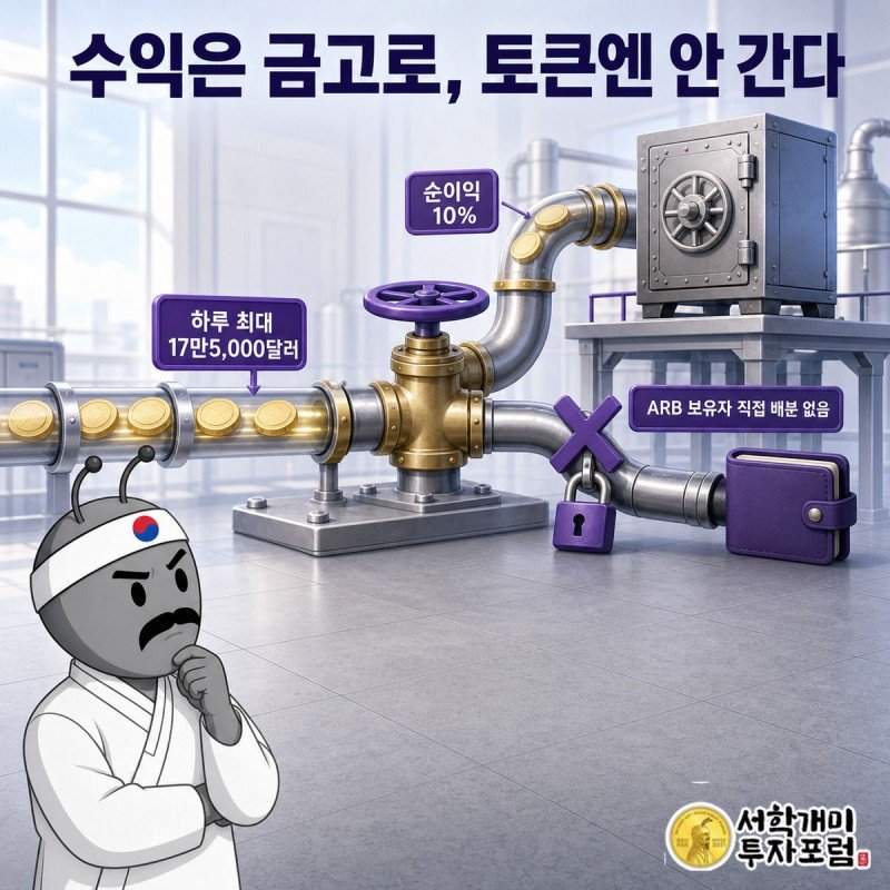 로빈후드체인 이익 파이프가 갈라져 10%가 아비트럼 트레저리 금고로 흘러들고 ARB 보유자로 가는 파이프는 자물쇠로 막혀 있다