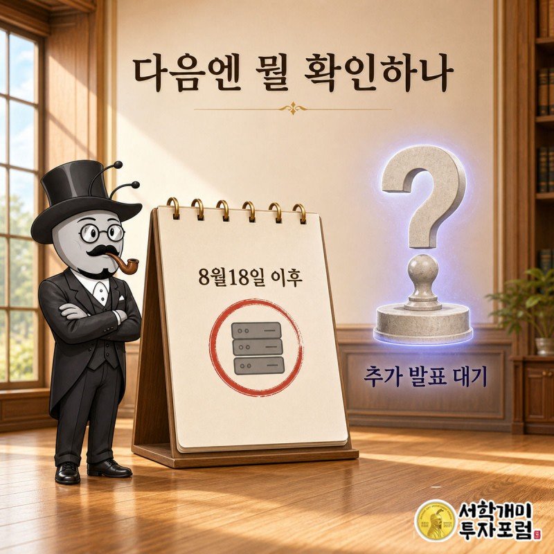 8월18일에 멈춘 달력과 물음표 뜬 빈 압류 도장을 부자개미가 신중하게 바라보는 인포그래픽