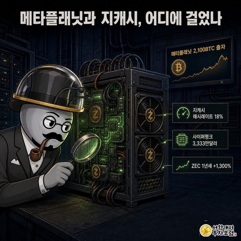 안전모를 쓴 개미가 돋보기로 초록빛 채굴 설비를 살피고 뒤편 모니터에 메타플래닛 인수 소식이 떠 있는 이미지
