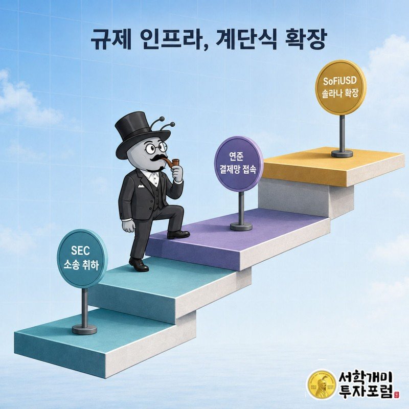 개미 캐릭터가 SEC 소송 취하, 연준 결제망 접속, 솔라나 확장이 적힌 표지판이 꽂힌 계단을 오르는 타임라인 일러스트
