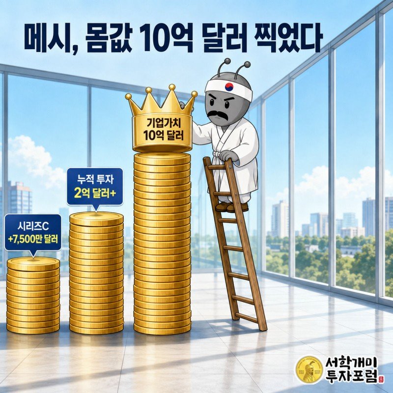 부자개미가 동전이 쌓여 올라가는 세 개의 막대 그래프 중 가장 높은 막대 옆 사다리에 서서 파이프를 물고 만족스러운 표정을 짓고, 막대 꼭대기에는 기업가치 10억 달러 왕관 배지가 얹혀 있다.
