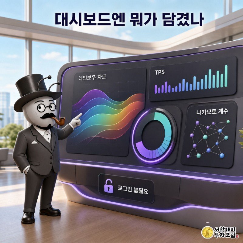 개미가 레인보우 차트와 TPS, 나카모토 계수 등 여러 위젯이 떠 있는 콘솔 화면을 살펴보는 이미지