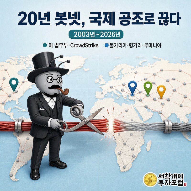세계지도 위에서 개미가 가위로 감염 네트워크 회선을 잘라 Sality 봇넷을 차단하는 장면