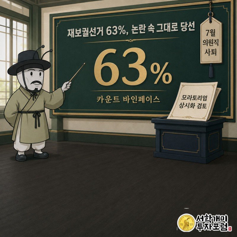 개미가 재보궐선거 득표판의 63%를 가리키고 옆에는 풍자 후보 팻말이 서 있는 모습