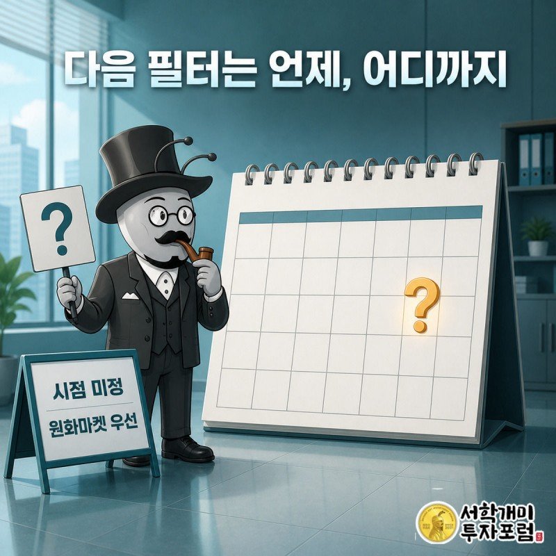 서민개미가 빈 달력 앞에서 물음표 팻말을 들고 갸웃하는 모습