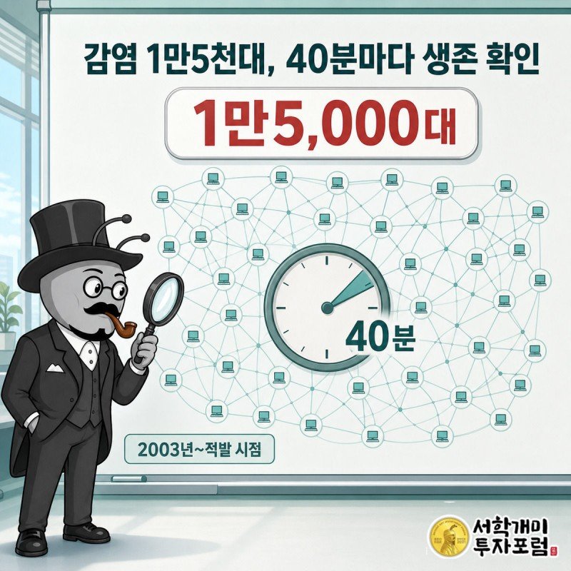 돋보기로 P2P 감염 네트워크와 40분 주기 시계를 살펴보는 개미, 감염 기기 1만5천대를 보여주는 인포그래픽