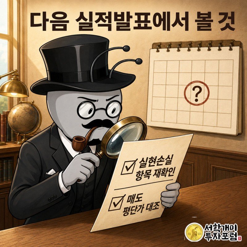 부자개미가 돋보기로 실적 보고서를 들여다보며 다음 분기 달력 앞에서 실현손실과 매도 평단가를 대조하는 모습