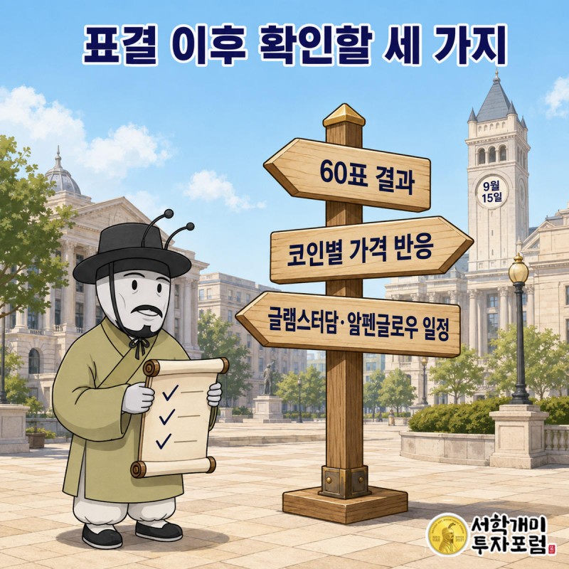 양반개미가 체크리스트를 든 채 표결 결과·가격 반응·업그레이드 일정으로 갈라지는 이정표 앞에 서 있는 일러스트