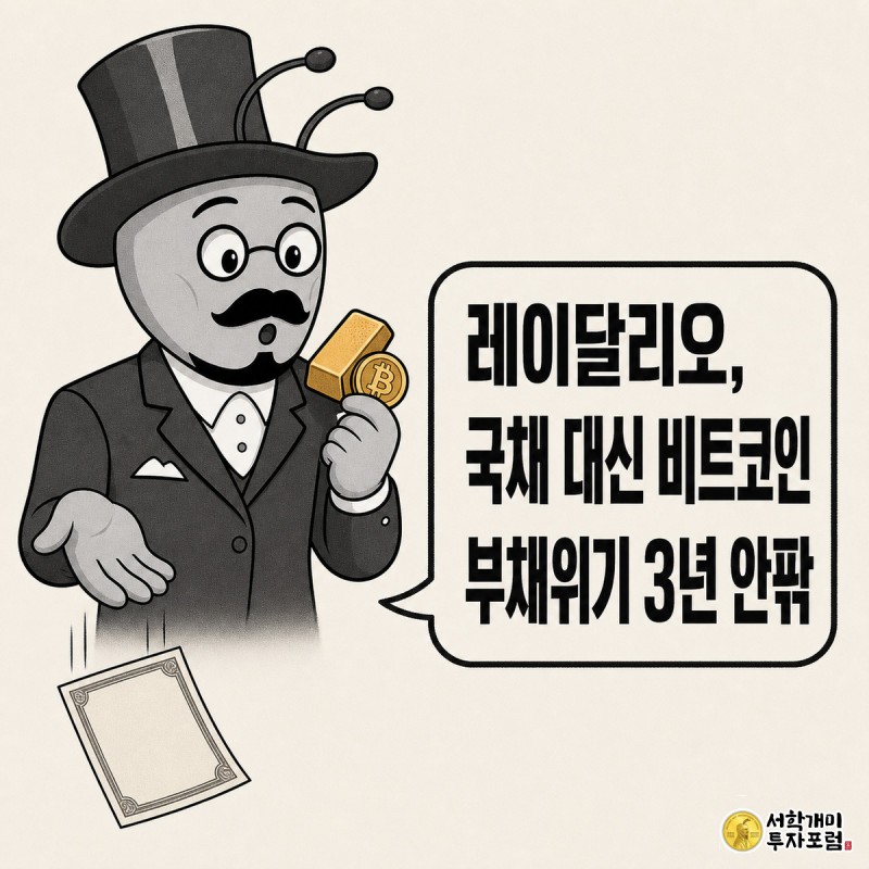 레이달리오를 상징하는 개미가 국채 증서를 떨어뜨리고 금괴와 비트코인을 움켜쥐며 놀란 표정을 짓는 모습