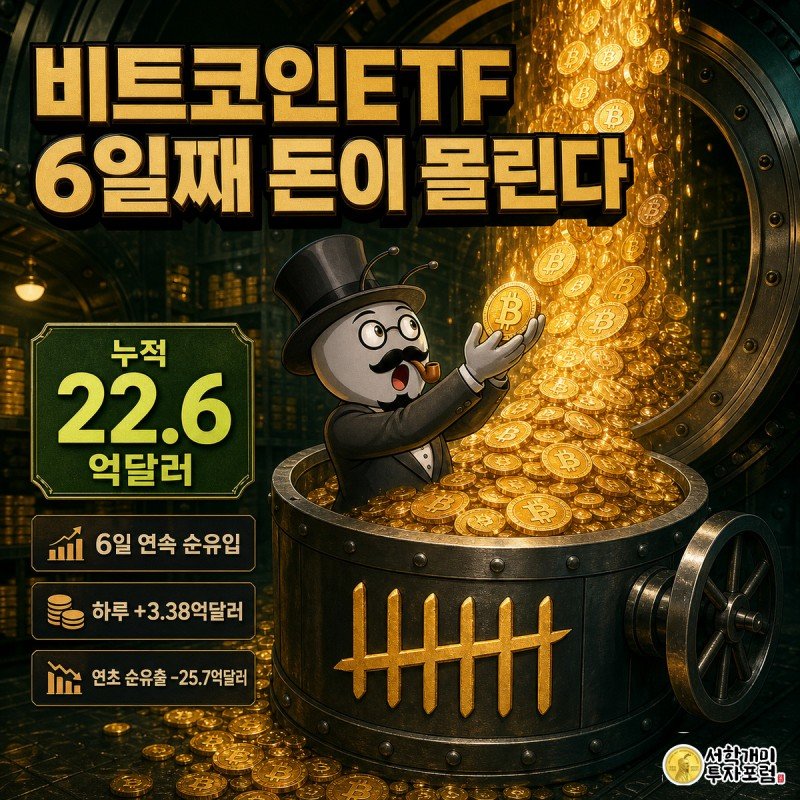황금 비트코인 코인이 쏟아져 넘치는 금고 위에서 개미가 코인을 받아 쥐며 놀라고 기뻐하는 모습