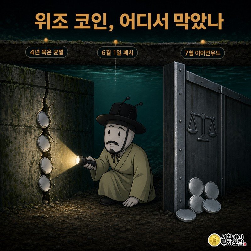 지캐시 오처드 차폐 풀의 균열과 이를 막아선 아이언우드 업그레이드 벽을 손전등으로 살피는 개미 일러스트