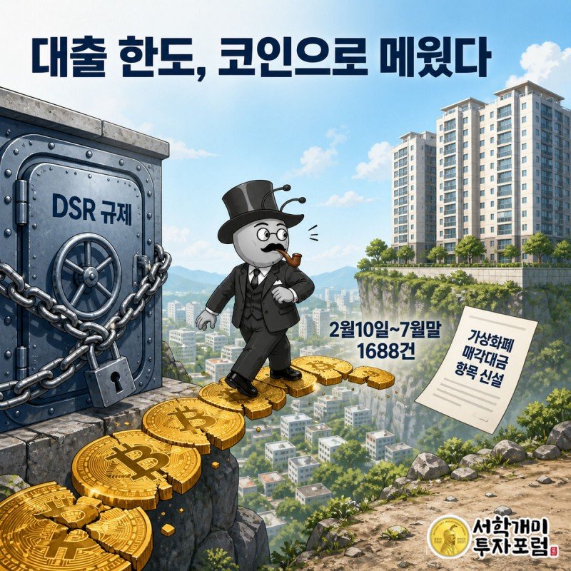 잠긴 대출 금고와 아파트 사이를 부서진 코인 다리로 건너는 서민개미를 통해 대출 규제와 코인 매각의 관계를 보여주는 이미지