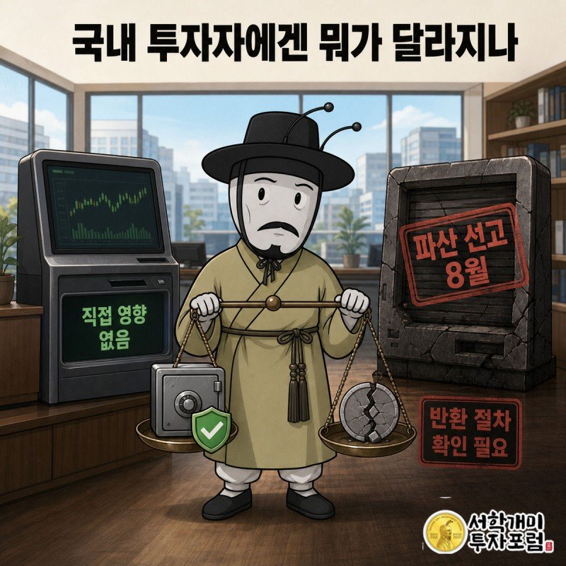 국내 거래소는 안정적인 초록 체크, 해외 존다크립토 거래소는 붉은 파산 스탬프로 대비되고 부자개미가 저울을 들고 비교하는 그림