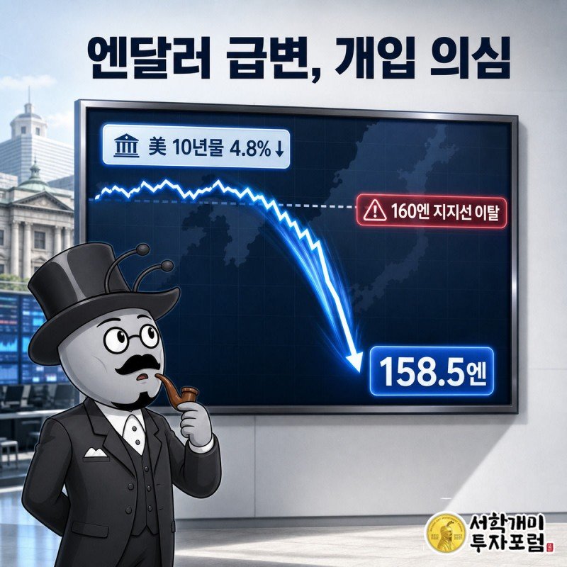 환율 전광판이 160엔에서 158.5엔으로 급락하는 것을 놀라 바라보는 서민개미와 흐릿한 일본은행 건물