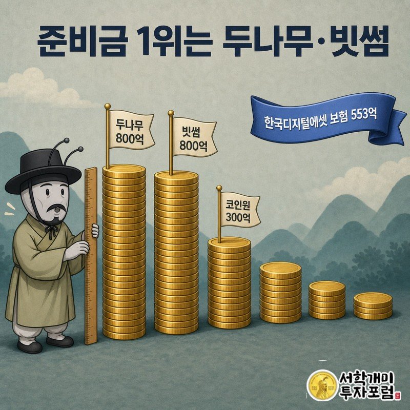 두나무와 빗썸의 800억원 동전탑이 가장 높이 솟아 있고 코인원·코빗·하이퍼리즘·월렛원 탑이 낮아지는 순서로 서 있는 옆에서 서민개미가 줄자로 키를 재는 인포그래픽