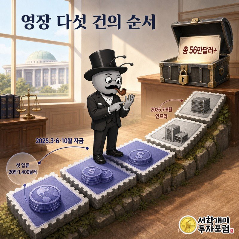 다섯 개의 스탬프 디딤돌이 코인에서 서버 아이콘으로 이어지며 보물상자로 향하고, 부자개미가 손가락으로 세는 압류 타임라인 인포그래픽