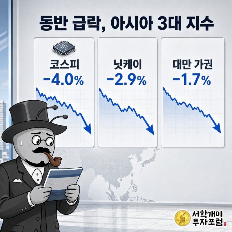 코스피 -4.0%, 닛케이 -2.9%, 대만 가권 -1.7%가 나란히 파랗게 꺾인 그래프를 보며 근심하는 양반개미