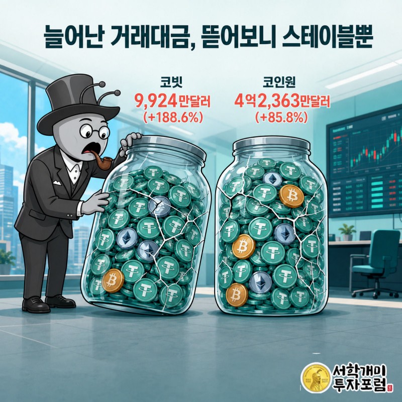 금이 간 유리 항아리 두 개 안이 대부분 스테이블코인 동전으로 채워져 있고 서민개미가 놀란 표정으로 들여다본다