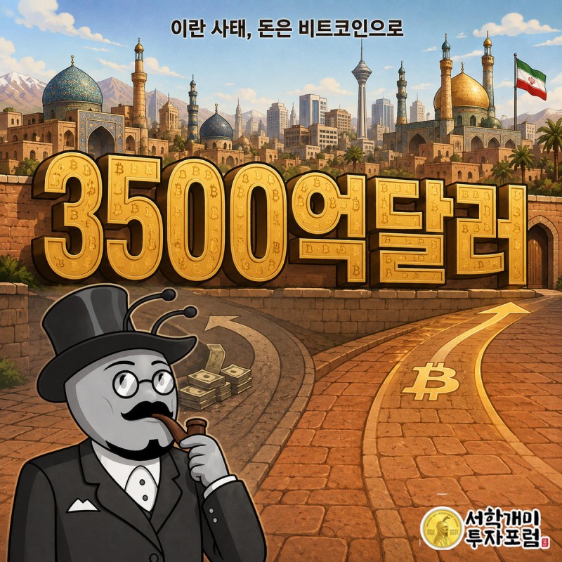 국경 밖으로 향하다 막힌 돈다발과 중동 도시 위로 떠오르는 거대한 금빛 비트코인 동전을 부자개미가 놀란 표정으로 바라보는 장면