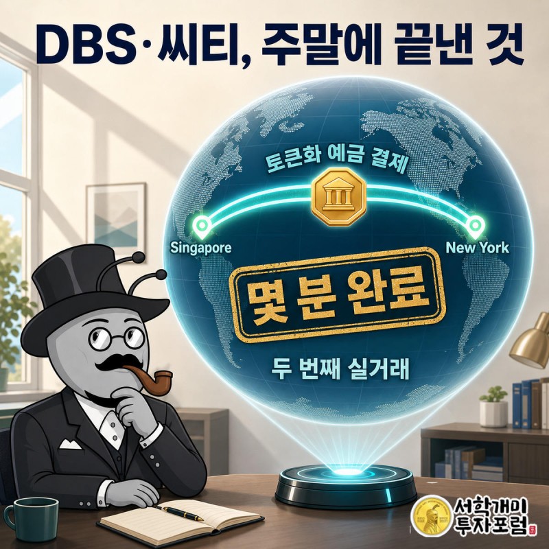 부자개미가 주말 사무실에서 싱가포르와 뉴욕을 잇는 스위프트 원장의 토큰화 예금 결제가 몇 분 만에 완료되는 것을 지켜보는 그림