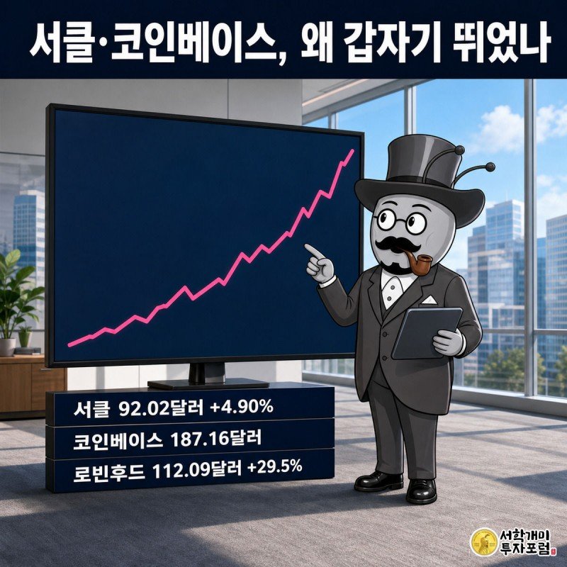 개미가 사무실 창가에서 서클 주가가 급반등한 시세판 차트를 보며 기쁜 표정을 짓고 있다