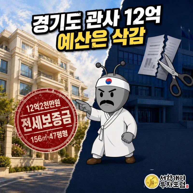 밝은 고급 아파트와 어두운 예산 삭감 사무실이 대각선으로 갈린 화면 경계에서 서민개미가 12억 배지가 붙은 아파트를 향해 분노에 찬 표정으로 손가락질하는 그림