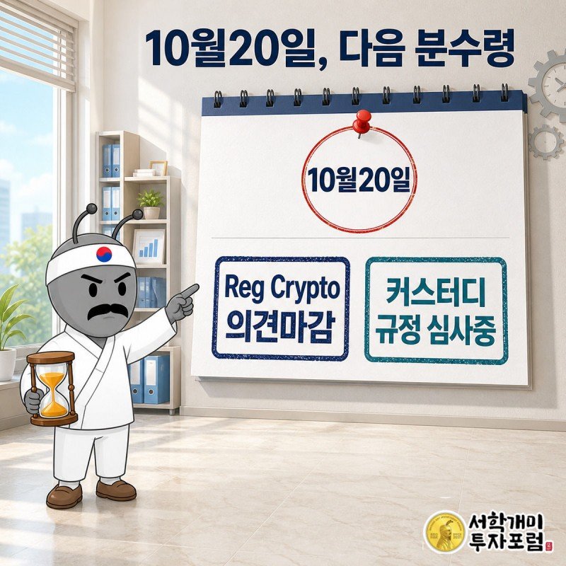 양반개미가 10월20일이 붉게 표시된 달력 앞에서 모래시계를 들고 접수중·심사중 도장이 찍힌 두 규정을 가리키는 장면