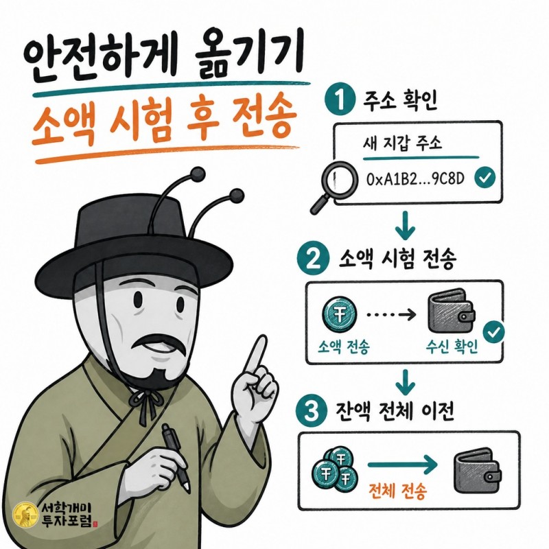 새 지갑 주소 확인과 소액 시험 전송 절차를 안내하는 양반개미 기자