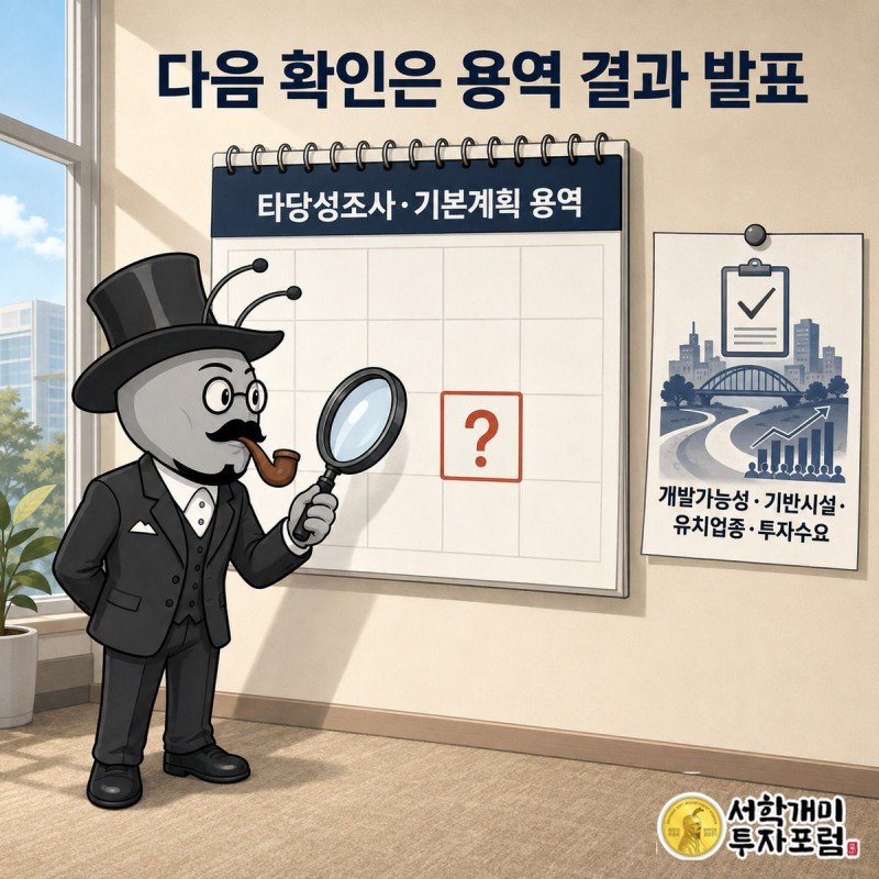 부자개미 캐릭터가 돋보기로 달력의 빈 날짜 칸을 들여다보고 있고, 옆에는 개발가능성, 기반시설, 유치업종, 투자수요를 적은 체크리스트 카드가 떠 있다.