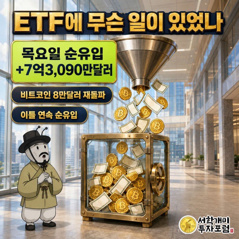 거대한 깔때기에서 달러와 비트코인 동전이 쏟아져 ETF 금고로 들어가는 것을 부자개미가 올려다보는 모습