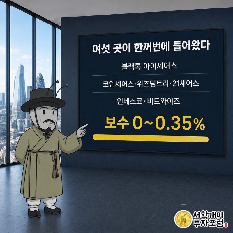 개미가 6개 크립토ETN 운용사 이름이 걸린 상장 게시판과 보수율 눈금자를 확인하는 모습