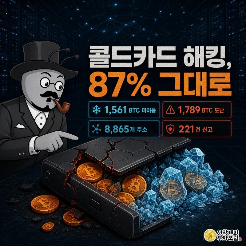 균열이 난 콜드카드 하드웨어 지갑에서 비트코인이 쏟아지지만 절반 이상이 살얼음에 뒤덮여 멈춰 있고, 개미가 놀란 표정으로 균열을 가리키는 그림