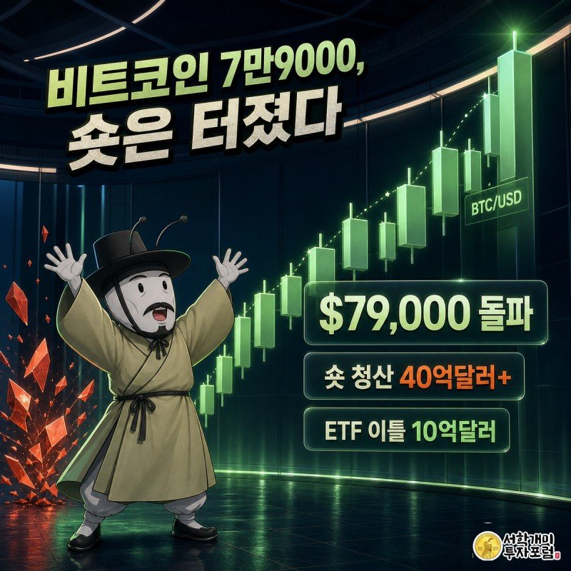 비트코인이 7만9000달러를 돌파하자 개미 투자자가 주먹을 치켜올리며 환호하고, 뒤로는 숏 포지션이 폭발하듯 청산되는 장면.