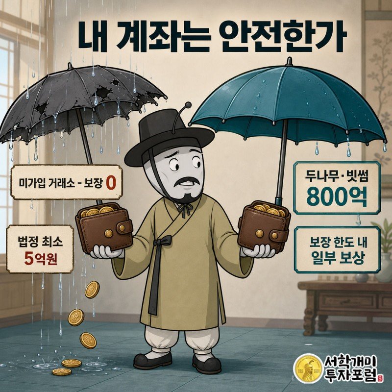 구멍 난 우산 아래 동전이 새는 지갑과 튼튼한 우산 아래 안전한 지갑을 양손에 든 서민개미가 왼쪽을 걱정스레 내려다보는 인포그래픽