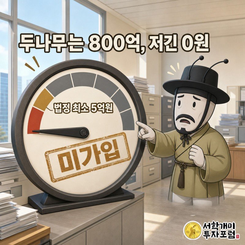 텅 빈 보험 게이지 바늘이 0을 가리키고 그 위에 미가입 도장이 찍힌 것을 부자개미가 낭패한 표정으로 가리키는 삽화
