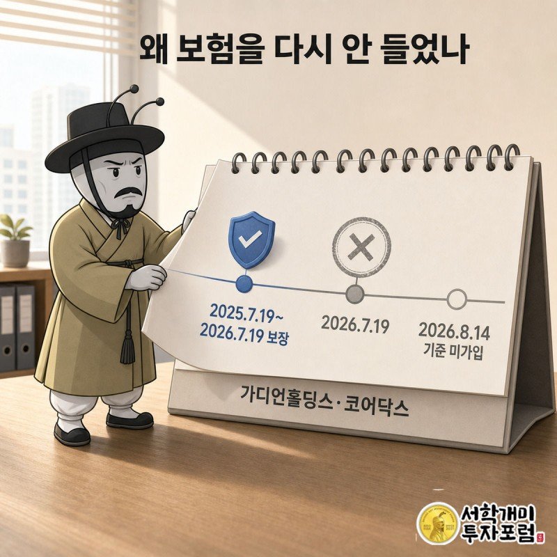 탁상달력의 보험 만료 도장 페이지 뒤로 백지가 이어지는 것을 서민개미가 의심스러운 표정으로 넘겨보는 삽화