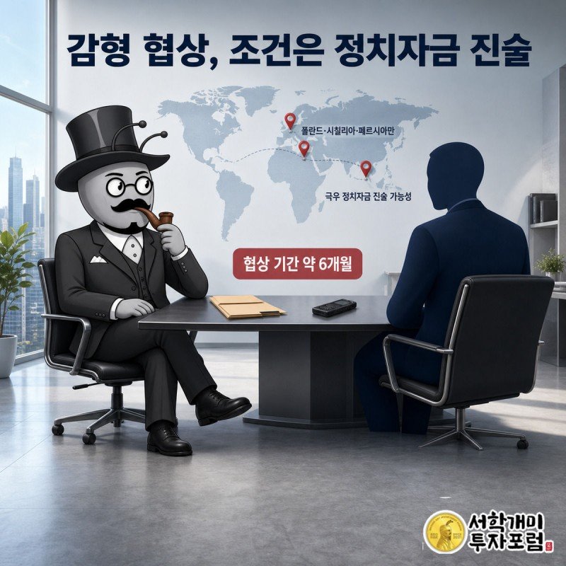 취조실 탁자에서 검찰 실루엣과 마주 앉아 협상하는 부자개미와 세 지역이 표시된 지도