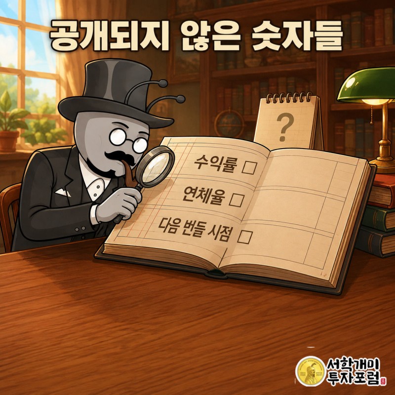부자개미가 돋보기로 수익률과 연체율이 비어 있는 장부를 들여다보며 의심하는 그림