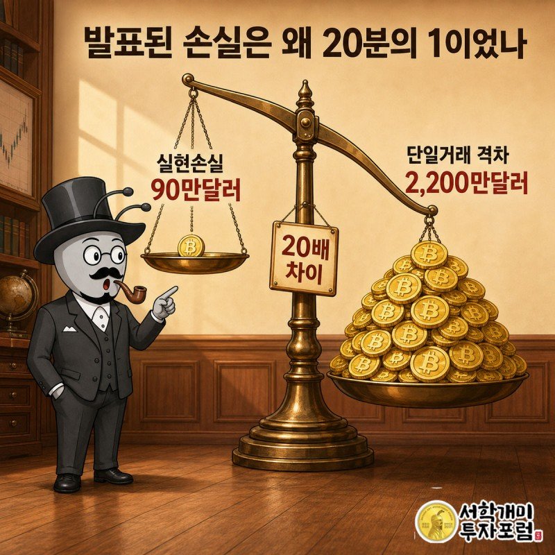 저울 한쪽엔 작은 동전 90만달러, 반대쪽엔 거대한 코인더미 2,200만달러가 놓여 극단적으로 기울고 부자개미가 놀란 표정으로 가리키는 장면