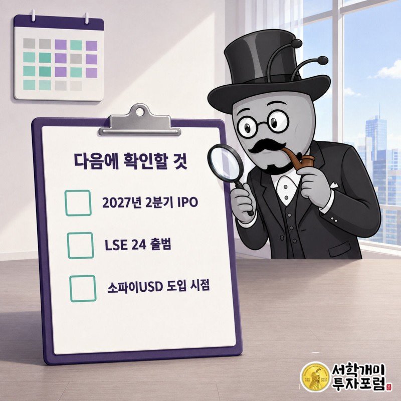 양반개미가 돋보기로 체크리스트와 2027년 2분기가 표시된 달력을 신중하게 살피는 장면