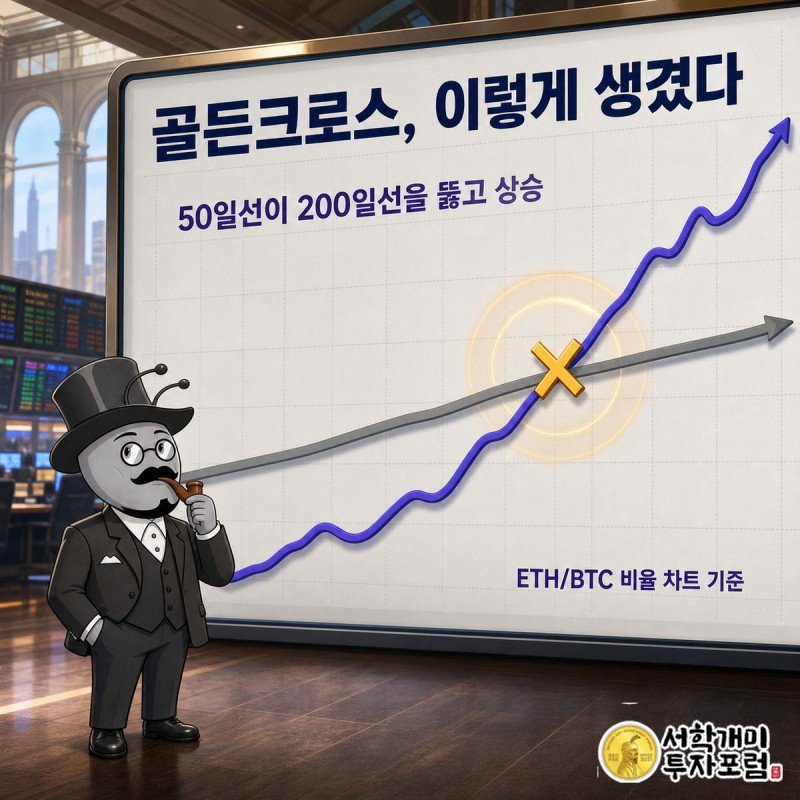 회색 200일 이동평균선을 인디고색 50일 이동평균선이 뚫고 올라가는 골든크로스 교차점을 부자개미가 확인하는 그림
