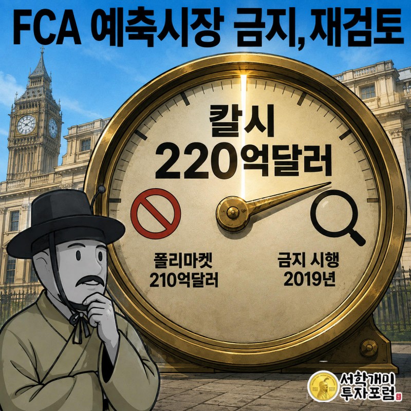 런던 관청 건물 앞 놋쇠 대문 게이지의 바늘이 금지에서 검토 쪽으로 넘어가는 것을 부자개미가 놀란 표정으로 들여다보는 그림